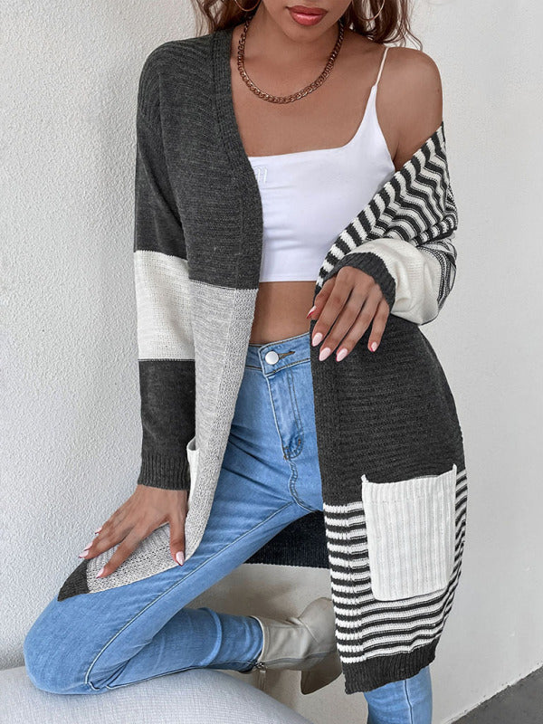 Women's Long Striped Color Block Knit Drape Cardigan With Pockets - THE QUEEN RUNWAY