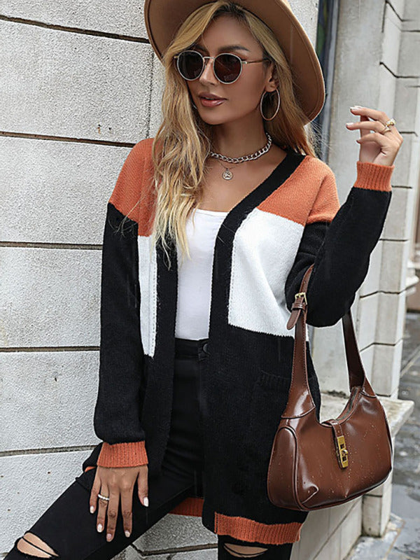 Women’s V Neck Long Sleeve Turbo Colorblocked Cardigan - THE QUEEN RUNWAY