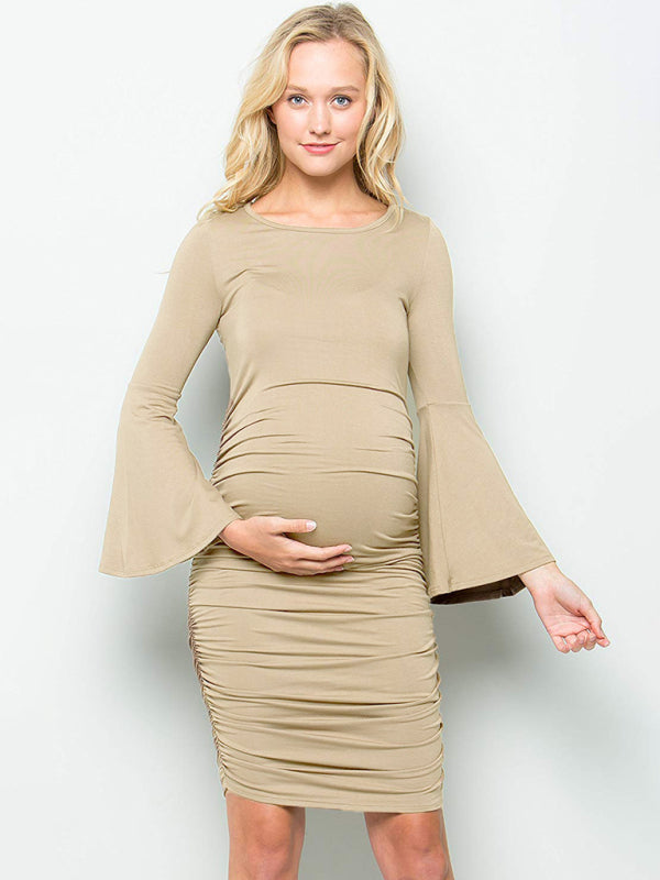 Women’s Ruched At Sides Crew Neckline Pullover Style Bell Style Sleeves Midi Length Maternity Dress - THE QUEEN RUNWAY