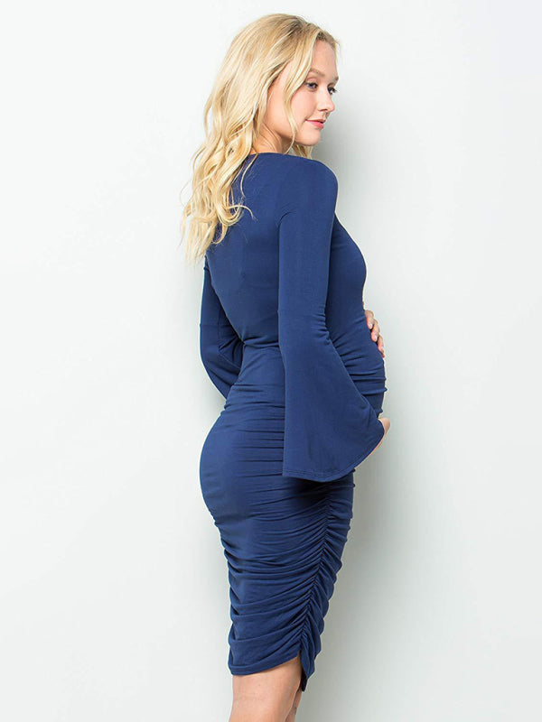 Women’s Ruched At Sides Crew Neckline Pullover Style Bell Style Sleeves Midi Length Maternity Dress - THE QUEEN RUNWAY