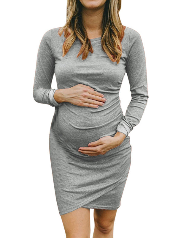 Women’s Pullover Styling Crew Neck Long Sleeves Ruched Sides Maternity Dress - THE QUEEN RUNWAY