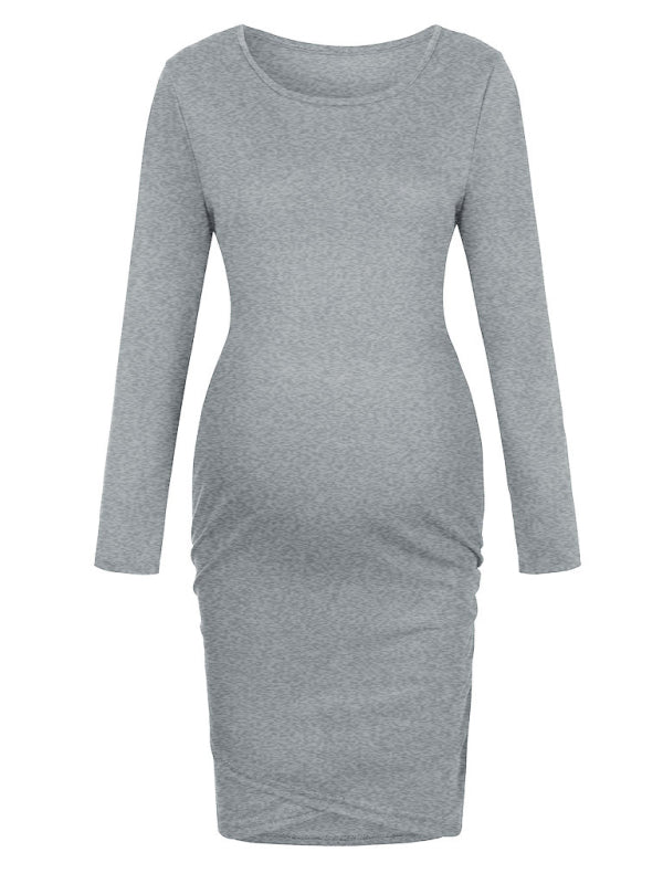 Women’s Pullover Styling Crew Neck Long Sleeves Ruched Sides Maternity Dress - THE QUEEN RUNWAY