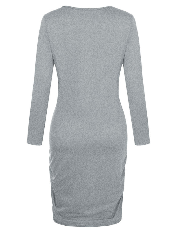 Women’s Pullover Styling Crew Neck Long Sleeves Ruched Sides Maternity Dress - THE QUEEN RUNWAY