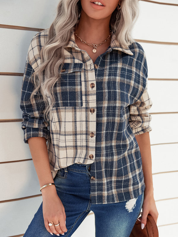 Women's lapel plaid long sleeve loose shirt - THE QUEEN RUNWAY