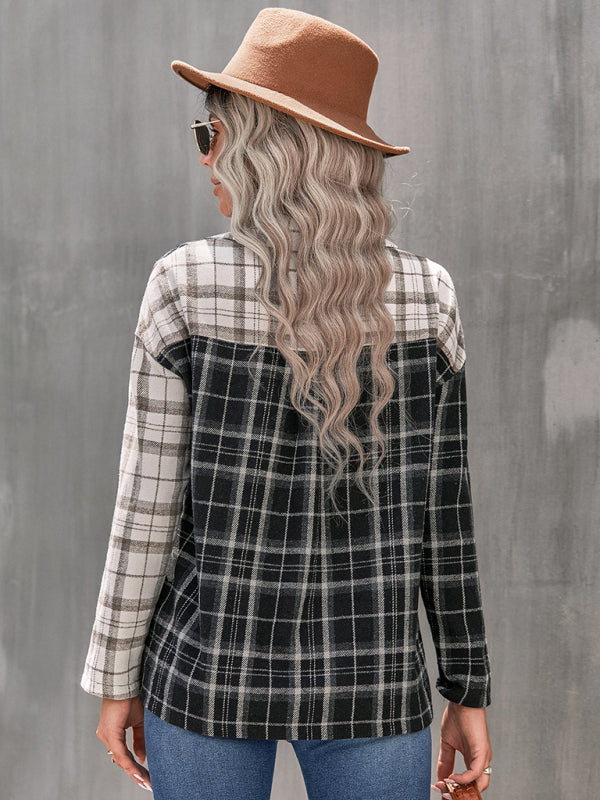 Women's lapel plaid long sleeve loose shirt - THE QUEEN RUNWAY
