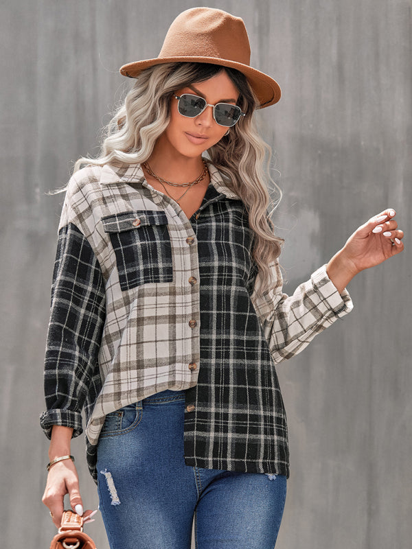 Women's lapel plaid long sleeve loose shirt - THE QUEEN RUNWAY