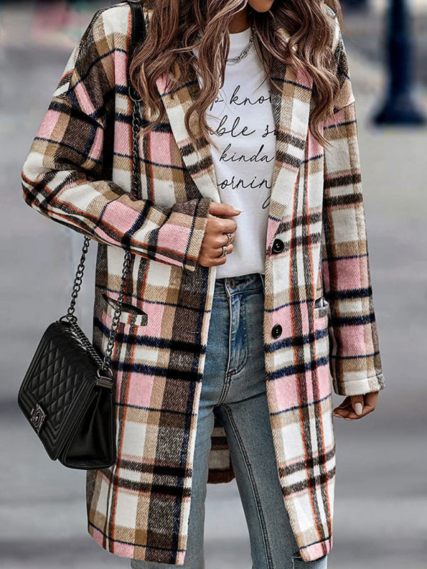 Women’s Button Front Long Sleeve Plaid Print Detail Long Blazer Coat - THE QUEEN RUNWAY
