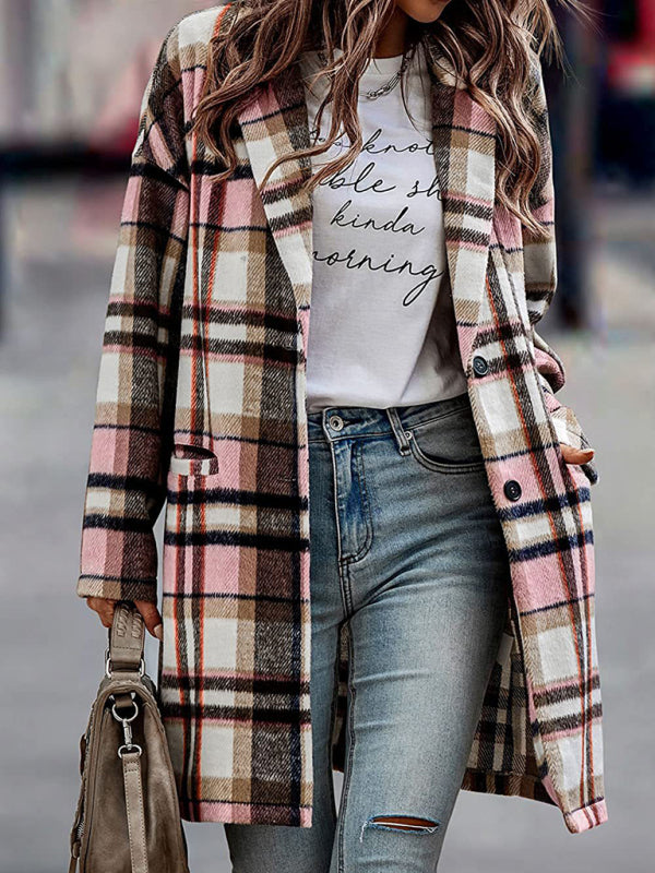 Women’s Button Front Long Sleeve Plaid Print Detail Long Blazer Coat - THE QUEEN RUNWAY