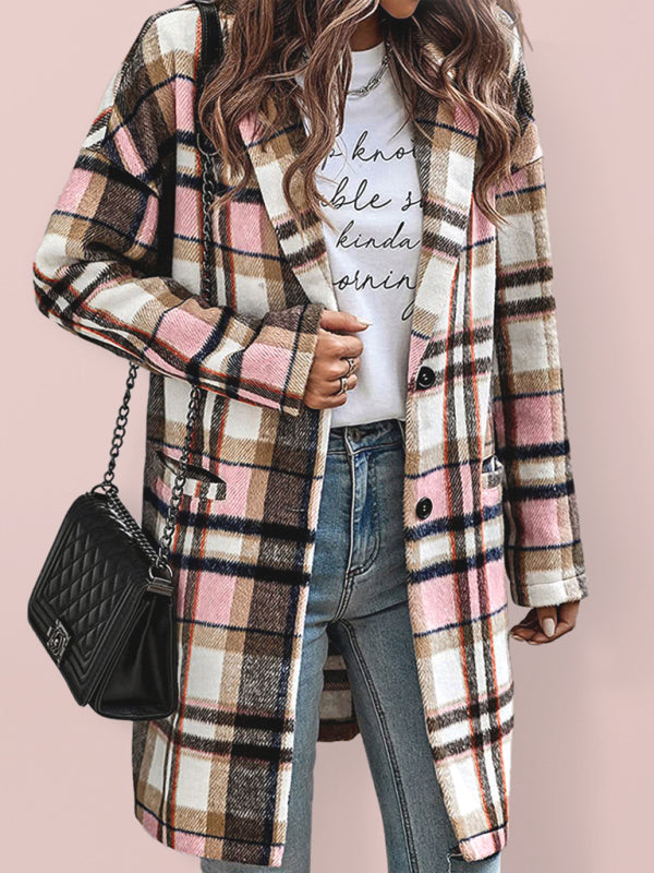 Women’s Button Front Long Sleeve Plaid Print Detail Long Blazer Coat - THE QUEEN RUNWAY
