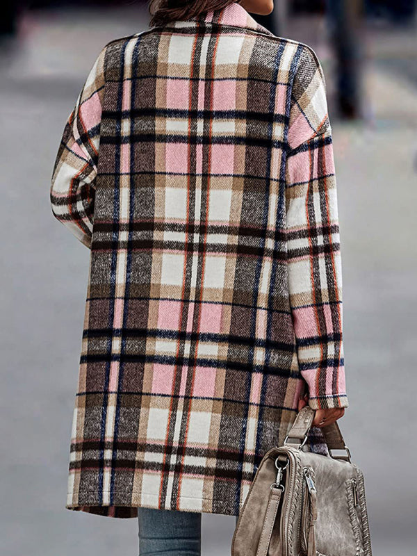 Women’s Button Front Long Sleeve Plaid Print Detail Long Blazer Coat - THE QUEEN RUNWAY