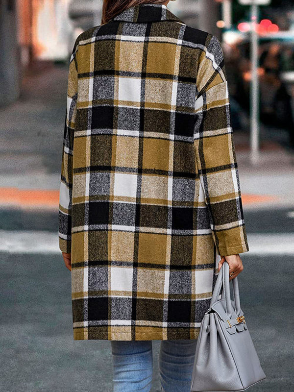 Women’s Button Front Long Sleeve Plaid Print Detail Long Blazer Coat - THE QUEEN RUNWAY