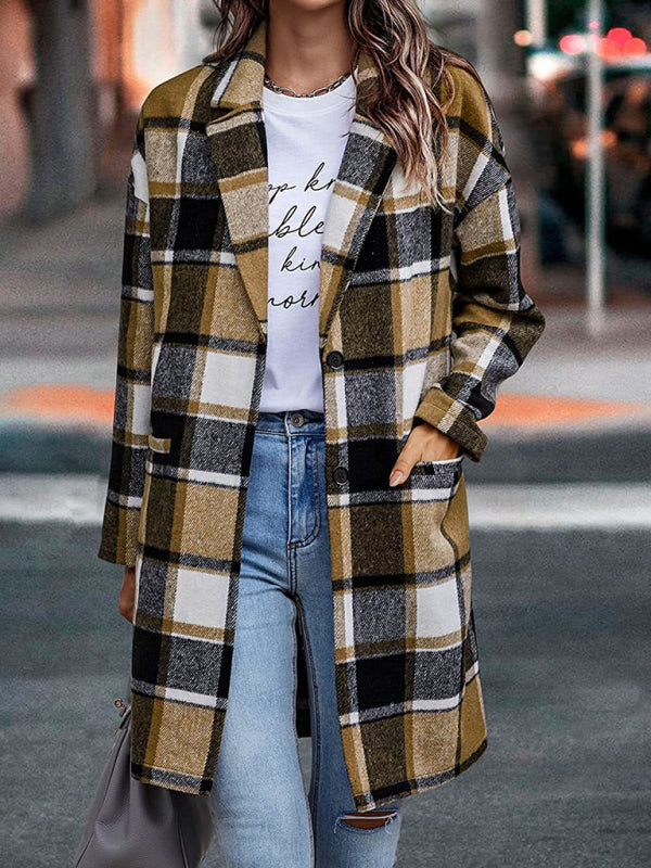 Women’s Button Front Long Sleeve Plaid Print Detail Long Blazer Coat - THE QUEEN RUNWAY