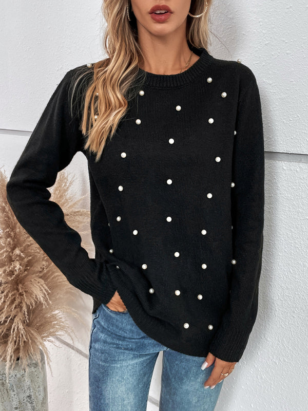 Women’s Pearlized Embellishments Micro-cable Knit Crew Neck Long Sleeves Sweater - THE QUEEN RUNWAY