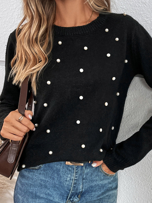 Women’s Pearlized Embellishments Micro-cable Knit Crew Neck Long Sleeves Sweater - THE QUEEN RUNWAY
