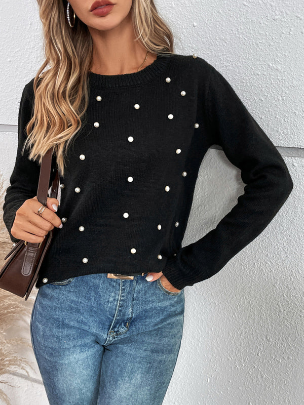 Women’s Pearlized Embellishments Micro-cable Knit Crew Neck Long Sleeves Sweater - THE QUEEN RUNWAY