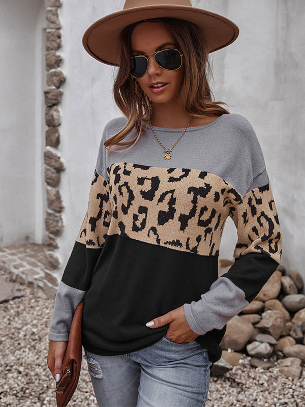 Women's leopard print stitching sweater long sleeve soft warm top - THE QUEEN RUNWAY