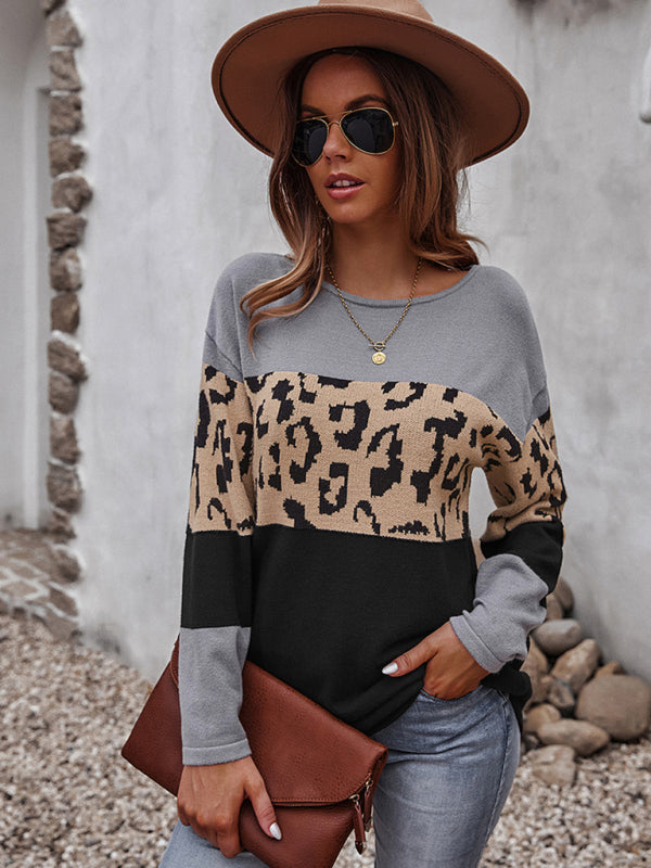 Women's leopard print stitching sweater long sleeve soft warm top - THE QUEEN RUNWAY