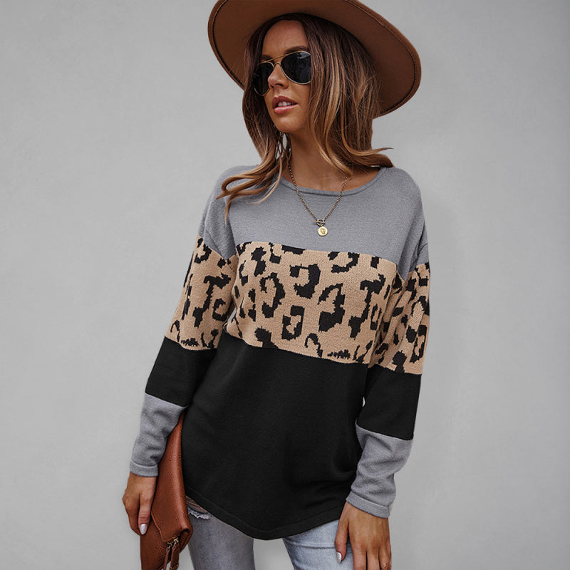 Women's leopard print stitching sweater long sleeve soft warm top - THE QUEEN RUNWAY