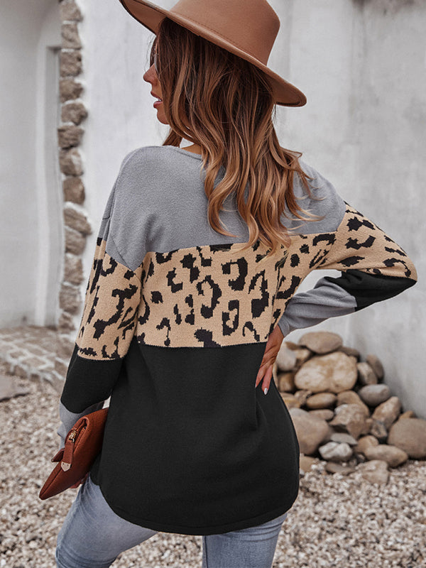 Women's leopard print stitching sweater long sleeve soft warm top - THE QUEEN RUNWAY
