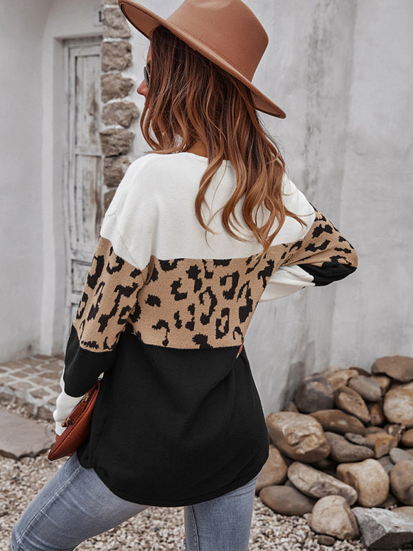 Women's leopard print stitching sweater long sleeve soft warm top - THE QUEEN RUNWAY