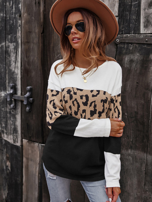 Women's leopard print stitching sweater long sleeve soft warm top - THE QUEEN RUNWAY