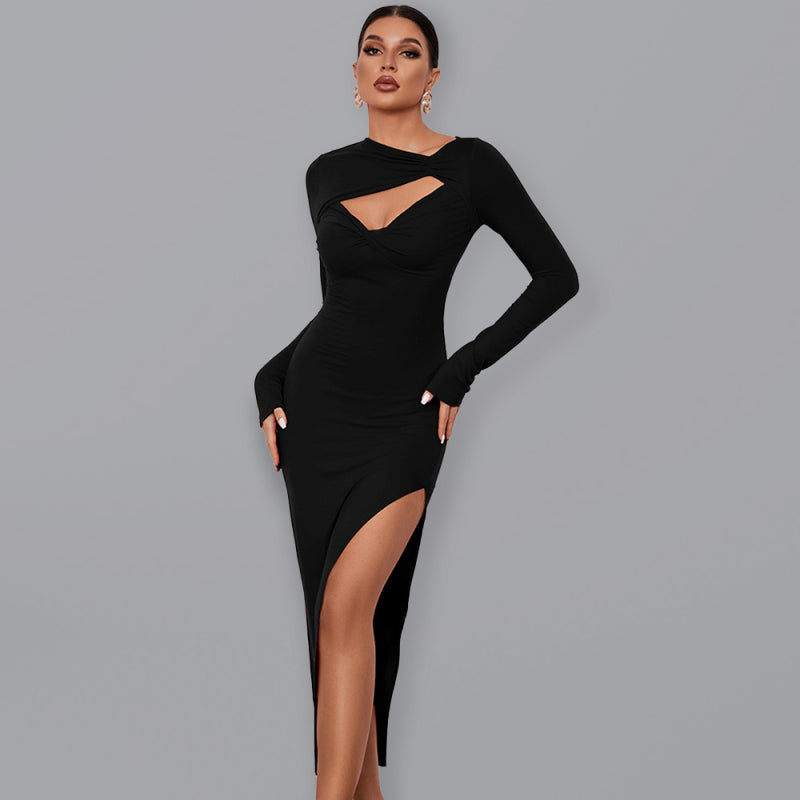 Women’s Long Sleeve Angled Neckline Dress With Front Cutouts And Leg STHE QUEEN RUNWAY