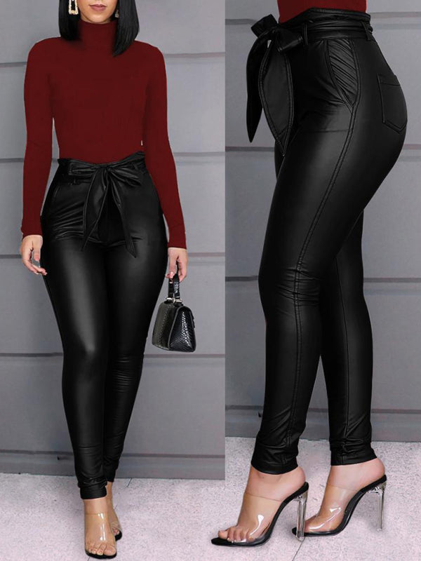 Women’s Slim Fit Tie Belt Faux Leather PantsTHE QUEEN RUNWAY