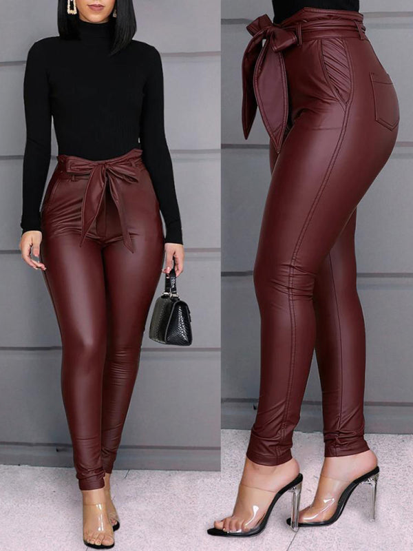 Women’s Slim Fit Tie Belt Faux Leather PantsTHE QUEEN RUNWAY