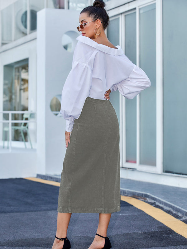 New Button Irregular Slit Denim High Waist Skirt - THE QUEEN RUNWAY