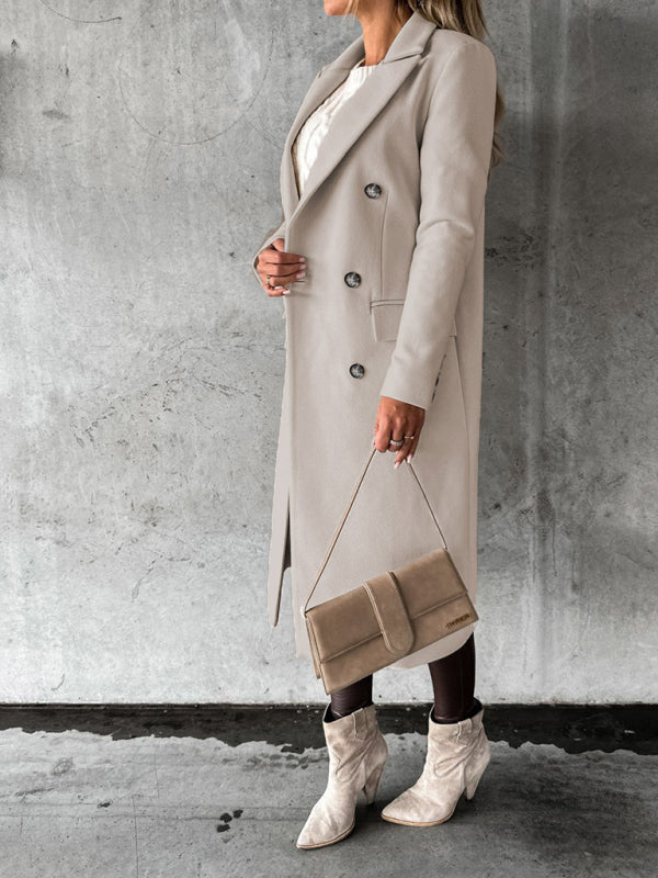 New mid-length elegant women's solid color long-sleeved double-breasted pockets - THE QUEEN RUNWAY