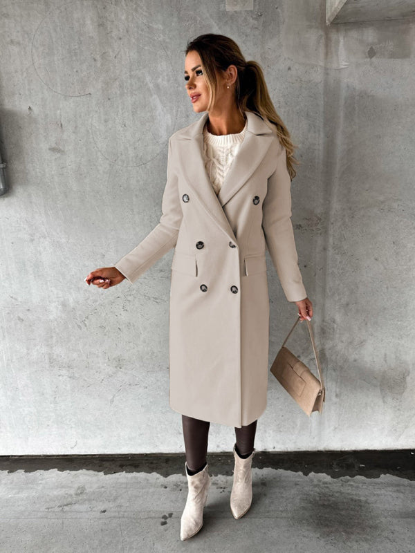 New mid-length elegant women's solid color long-sleeved double-breasted pockets - THE QUEEN RUNWAY