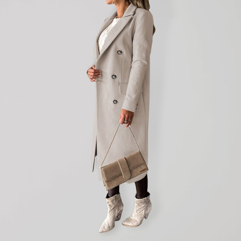 New mid-length elegant women's solid color long-sleeved double-breasted pockets - THE QUEEN RUNWAY