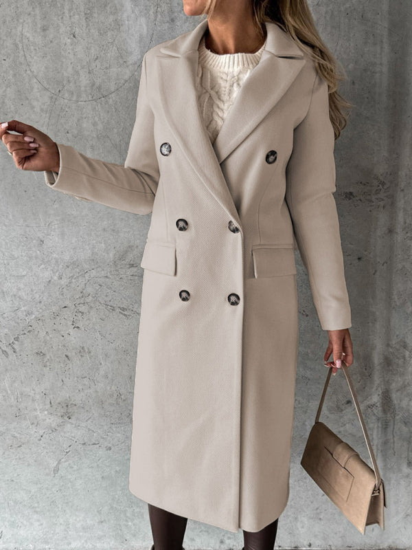 New mid-length elegant women's solid color long-sleeved double-breasted pockets - THE QUEEN RUNWAY