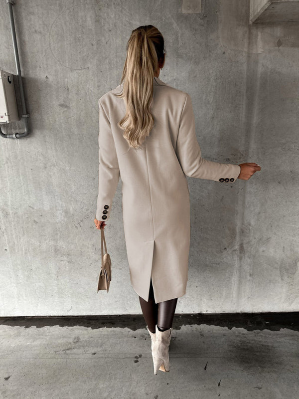 New mid-length elegant women's solid color long-sleeved double-breasted pockets - THE QUEEN RUNWAY
