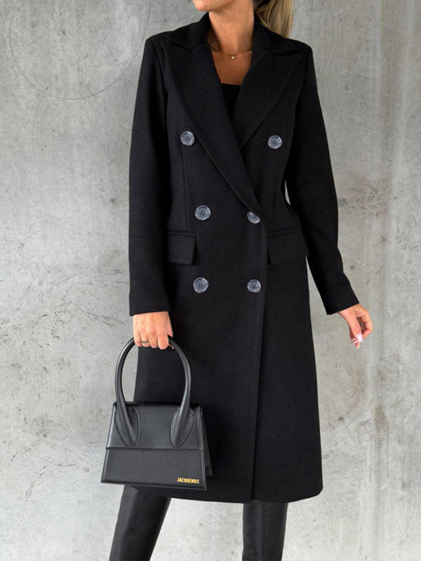 New mid-length elegant women's solid color long-sleeved double-breasted pockets - THE QUEEN RUNWAY