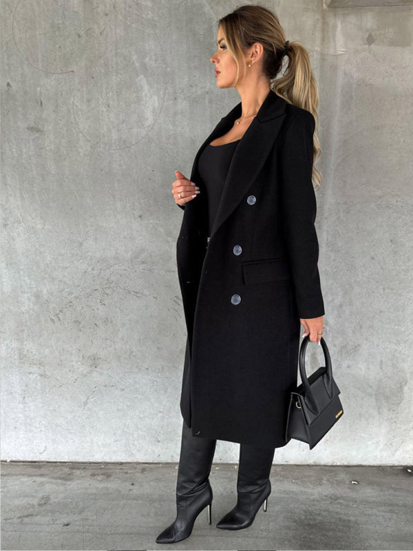 New mid-length elegant women's solid color long-sleeved double-breasted pockets - THE QUEEN RUNWAY