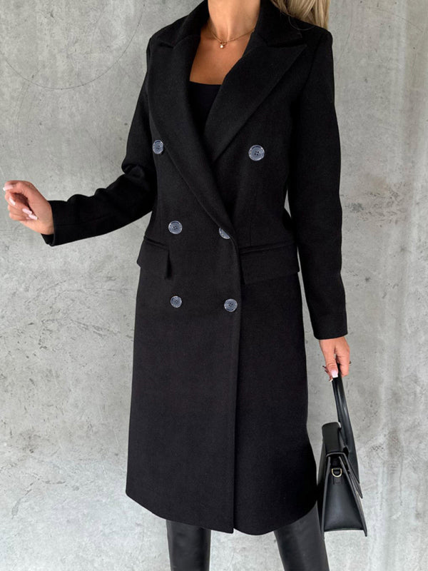 New mid-length elegant women's solid color long-sleeved double-breasted pockets - THE QUEEN RUNWAY