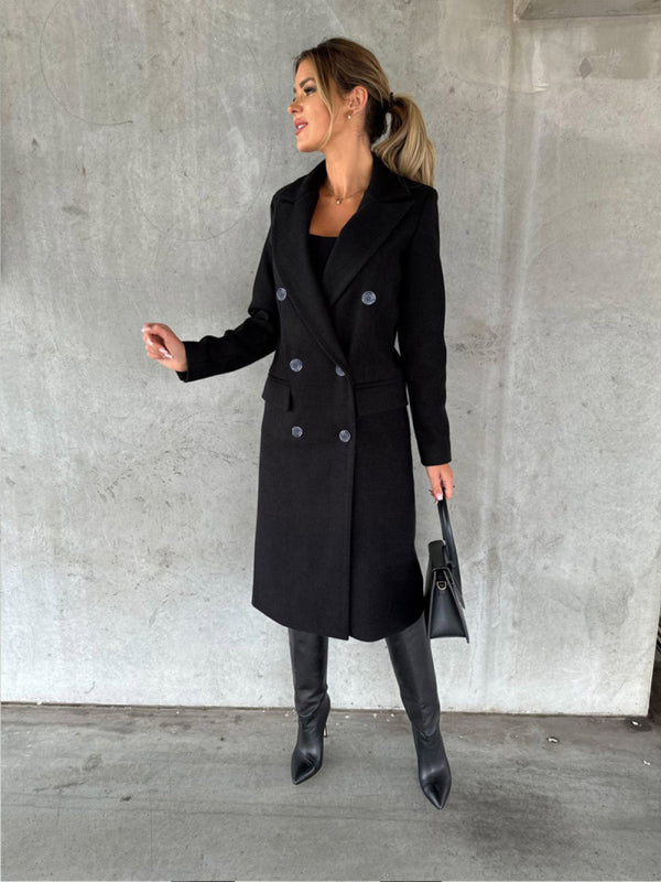 New mid-length elegant women's solid color long-sleeved double-breasted pockets - THE QUEEN RUNWAY