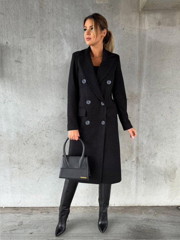 New mid-length elegant women's solid color long-sleeved double-breasted pockets - THE QUEEN RUNWAY