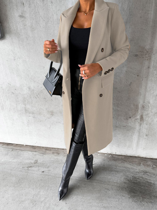 New mid-length elegant women's solid color long-sleeved double-breasted pockets - THE QUEEN RUNWAY