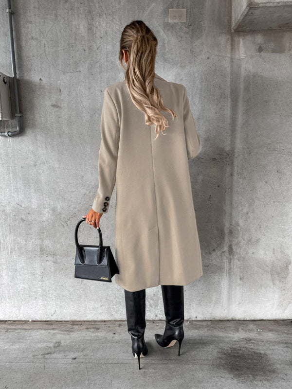 New mid-length elegant women's solid color long-sleeved double-breasted pockets - THE QUEEN RUNWAY