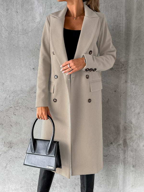 New mid-length elegant women's solid color long-sleeved double-breasted pockets - THE QUEEN RUNWAY