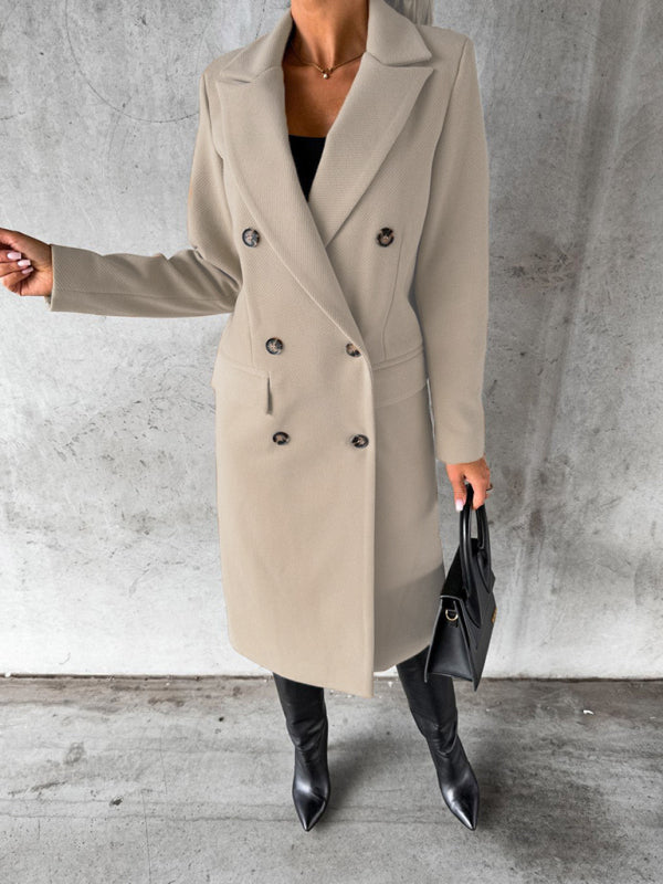 New mid-length elegant women's solid color long-sleeved double-breasted pockets - THE QUEEN RUNWAY