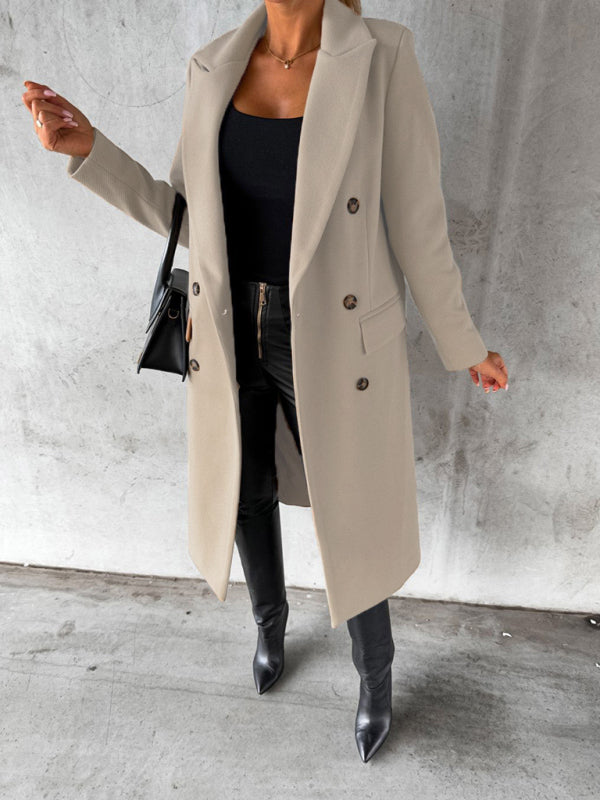 New mid-length elegant women's solid color long-sleeved double-breasted pockets - THE QUEEN RUNWAY