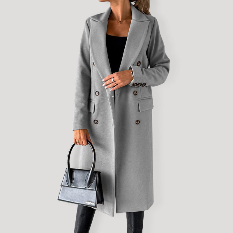 New mid-length elegant women's solid color long-sleeved double-breasted pockets - THE QUEEN RUNWAY