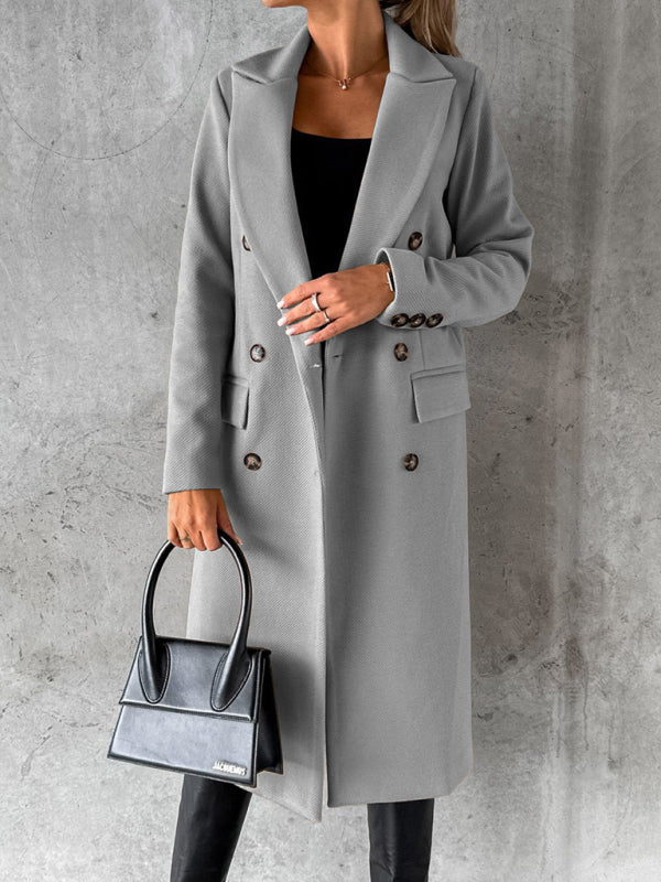 New mid-length elegant women's solid color long-sleeved double-breasted pockets - THE QUEEN RUNWAY