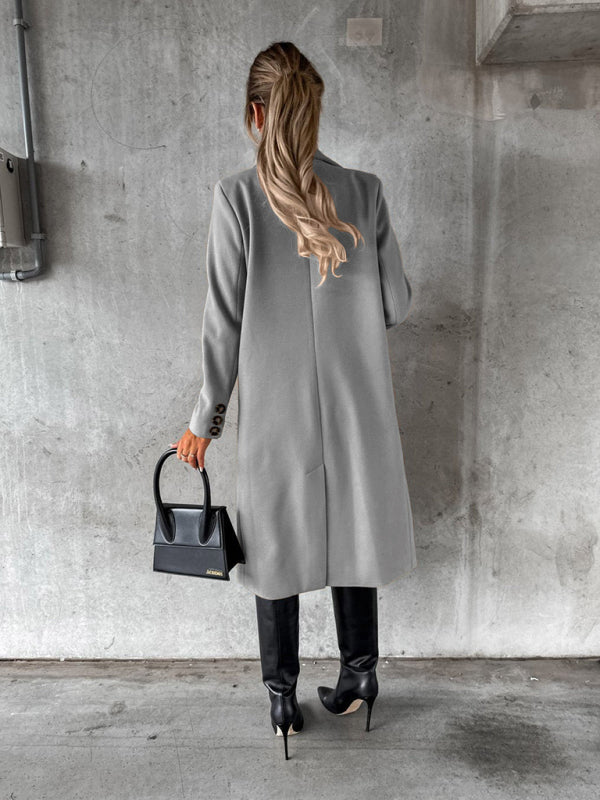 New mid-length elegant women's solid color long-sleeved double-breasted pockets - THE QUEEN RUNWAY