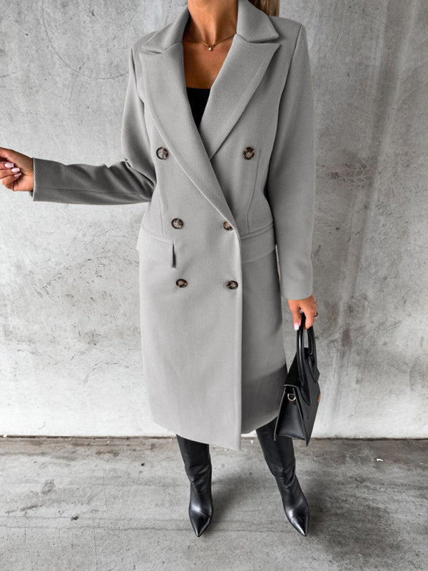 New mid-length elegant women's solid color long-sleeved double-breasted pockets - THE QUEEN RUNWAY