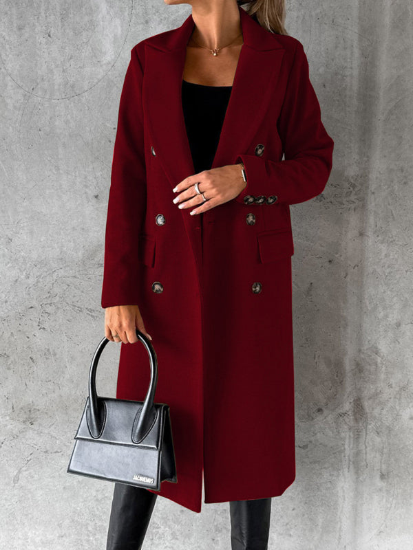 New mid-length elegant women's solid color long-sleeved double-breasted pockets - THE QUEEN RUNWAY