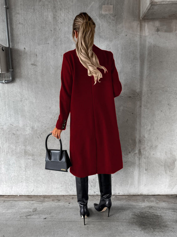 New mid-length elegant women's solid color long-sleeved double-breasted pockets - THE QUEEN RUNWAY